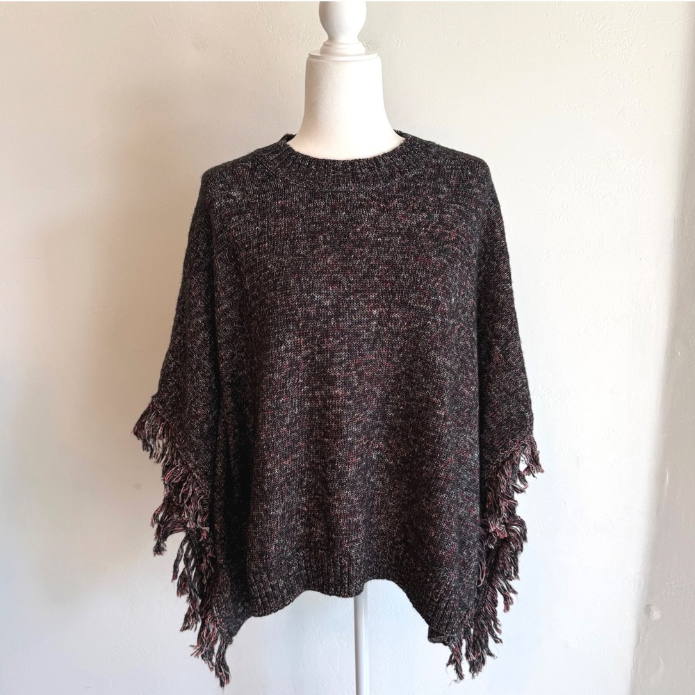 Cabi Marled Knit Poncho Sweater Black Red Fringe Boho Oversized Cape Rustic XS/S